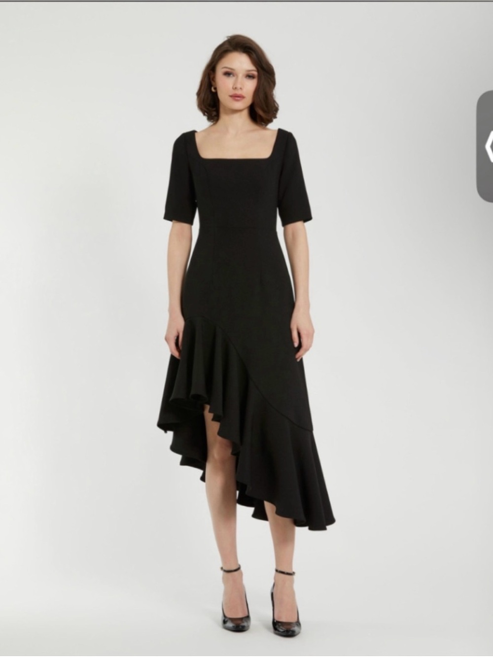 Mac Duggal 21019 Black Square-Neck Asymmetric Ruffle Midi Dress size 4